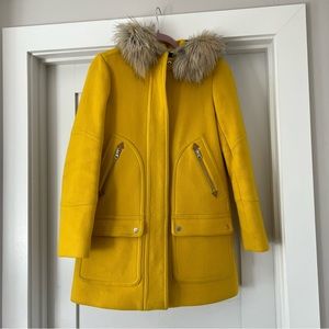 J Crew Yellow Chateau Parka with removable faux fur trim hood - wool